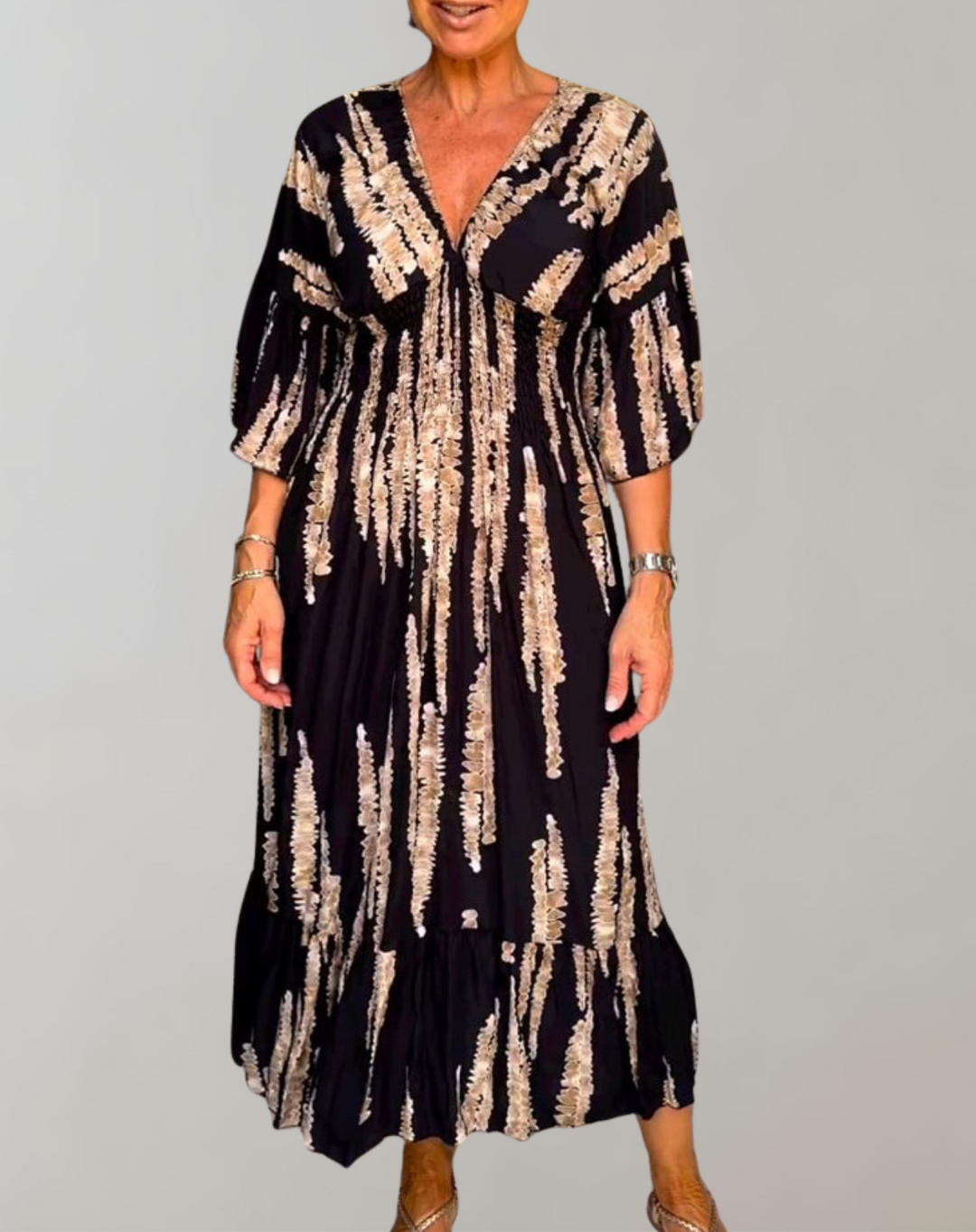 W&W Mode - Bedrucktes Maxikleid | Abendkleid für Damen | fließendes Maxikleid mit V-Ausschnitt