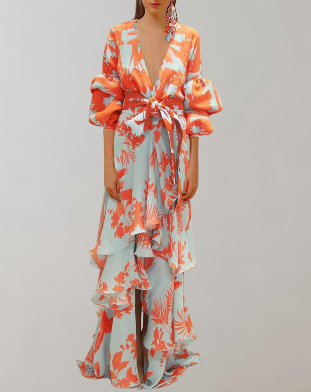 Damen bedrucktes Maxikleid mit Puffärmeln und Taillenbund