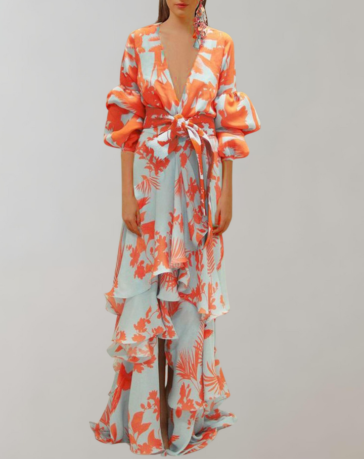 Damen bedrucktes Maxikleid mit Puffärmeln und Taillenbund