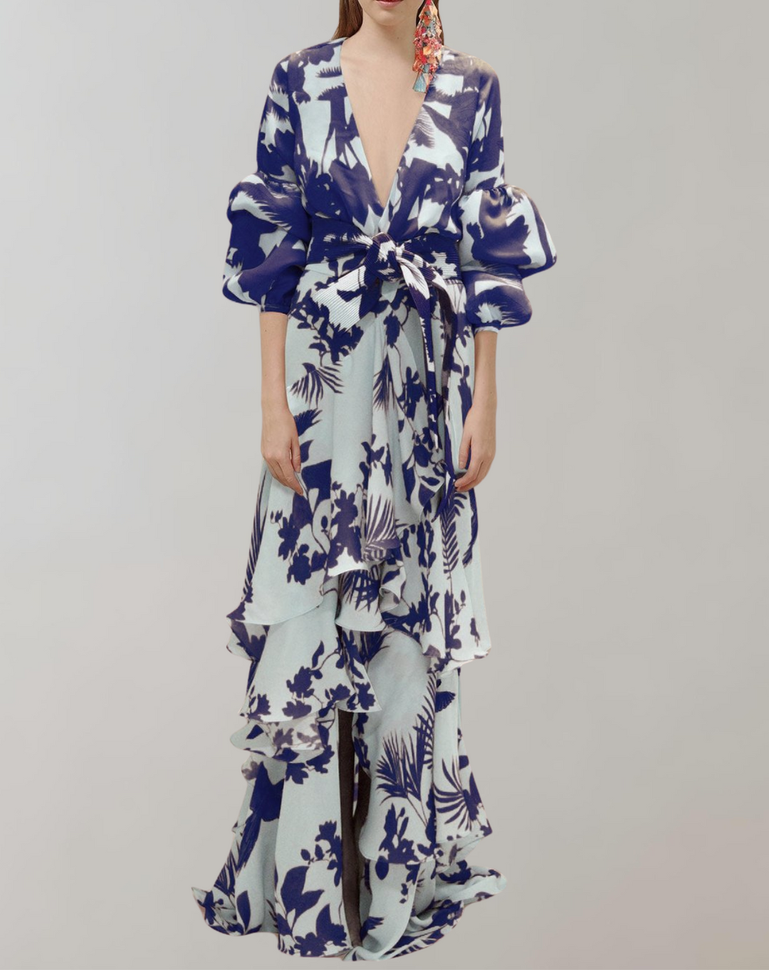Damen bedrucktes Maxikleid mit Puffärmeln und Taillenbund