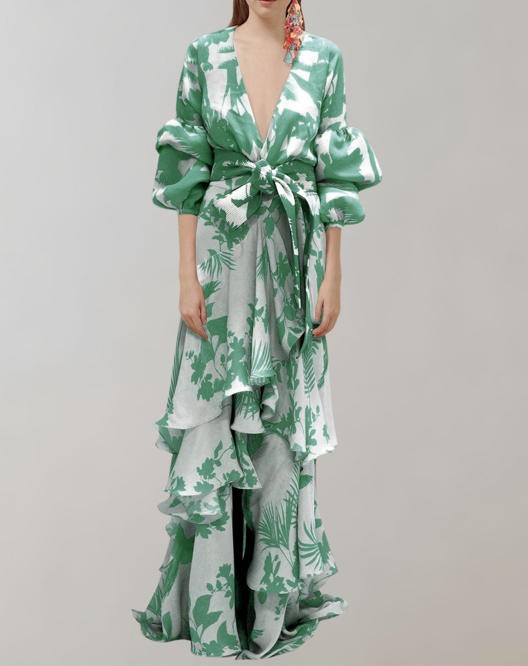 Damen bedrucktes Maxikleid mit Puffärmeln und Taillenbund