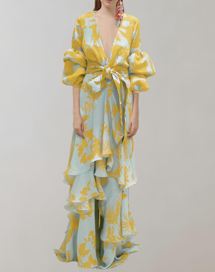 Damen bedrucktes Maxikleid mit Puffärmeln und Taillenbund