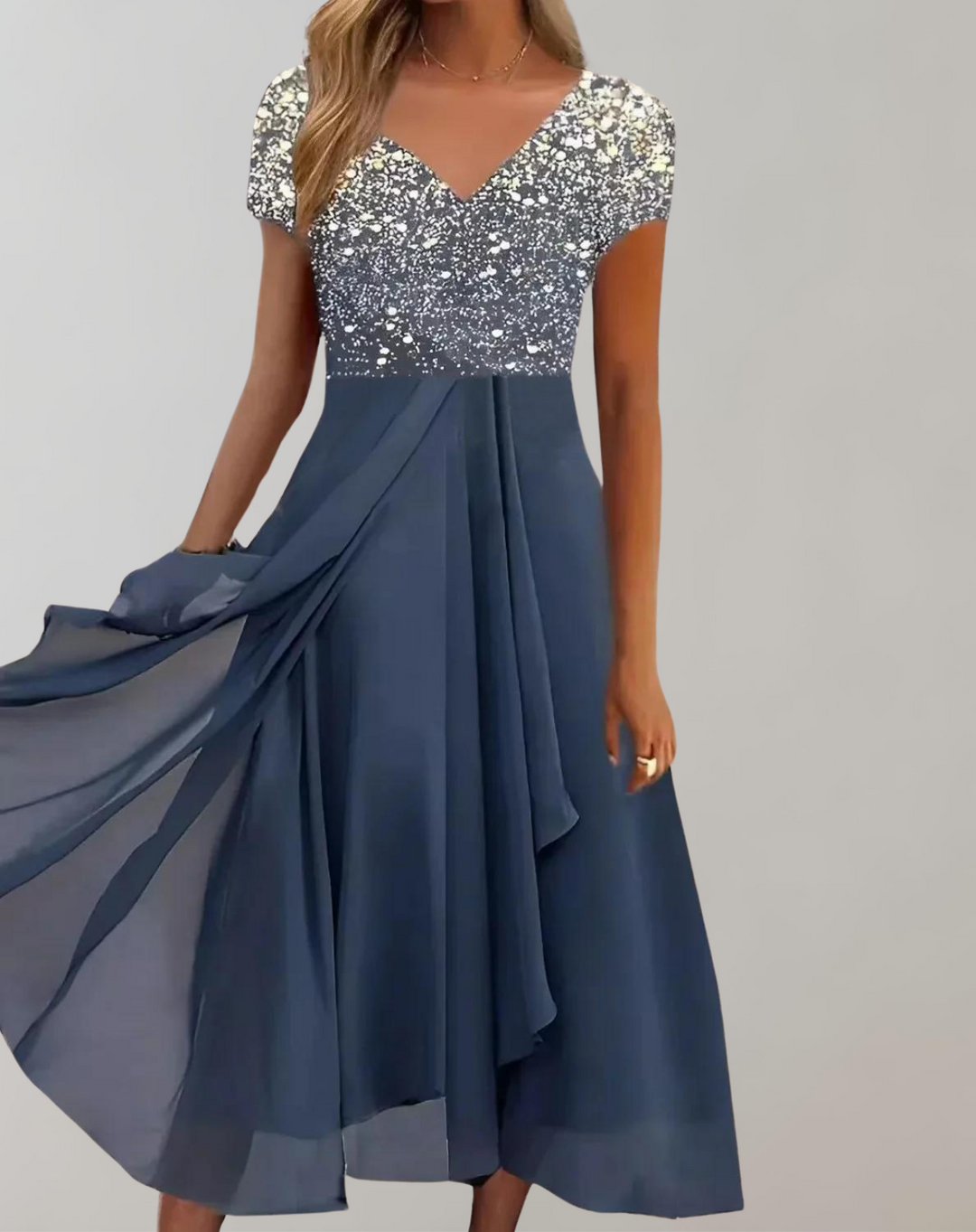 W&W Mode - Kleid mit leuchtenden Blumen | Abendkleid für Damen | Glänzendes Topkleid