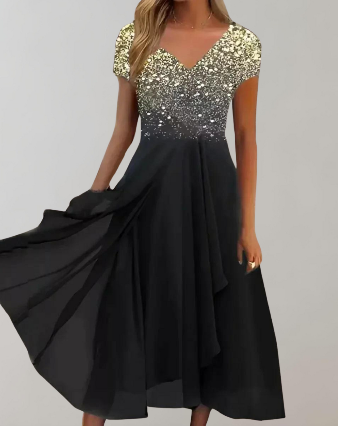 W&W Mode - Kleid mit leuchtenden Blumen | Abendkleid für Damen | Glänzendes Topkleid