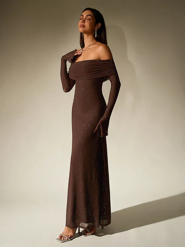 W&W Mode | Schulterfreies Abendkleid in Braun Mit Glitzer