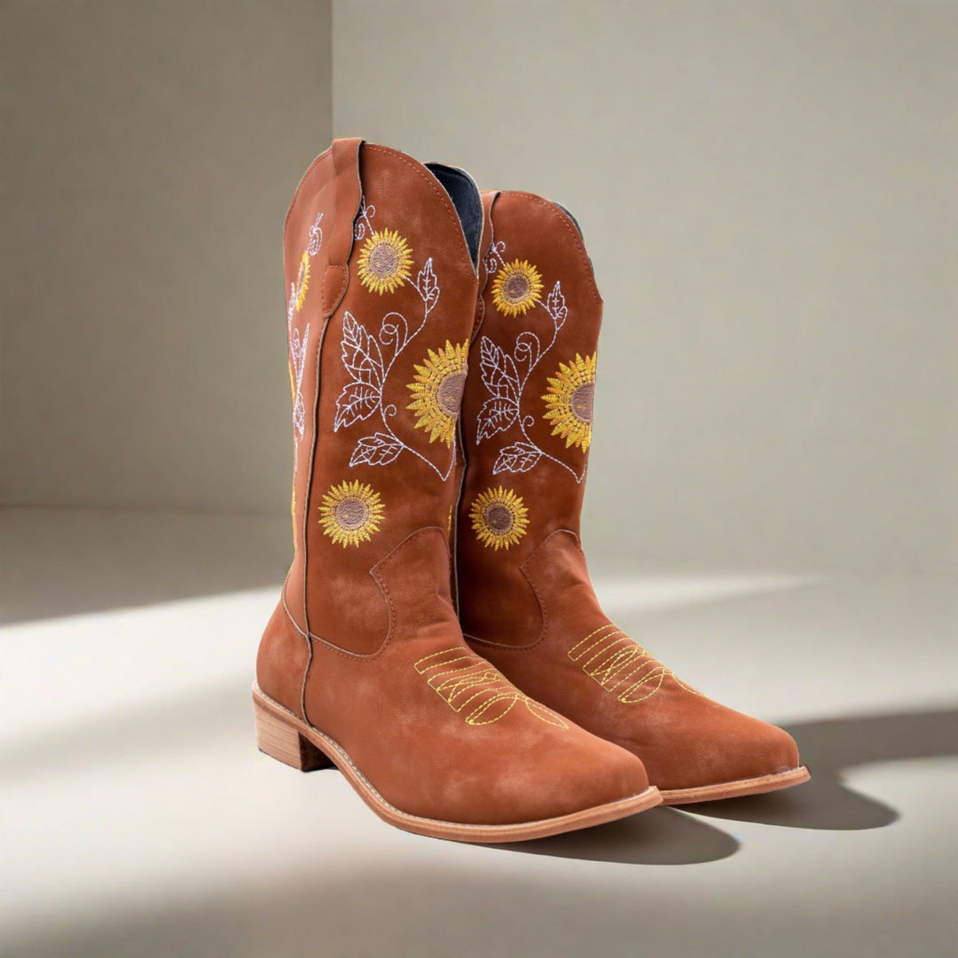 W&W Mode | Hohe Cowboystiefel Mit Sonnenblumendruck