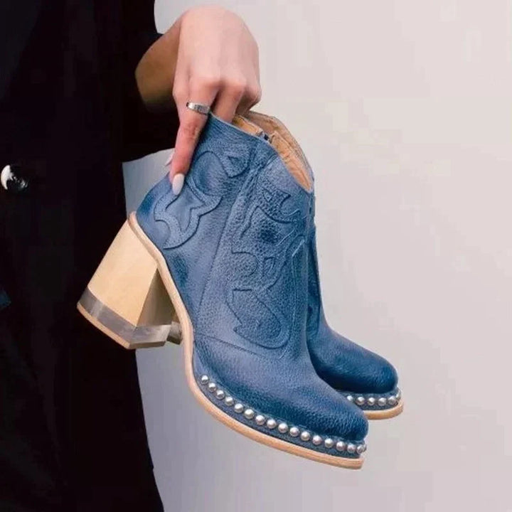 Damen-Lederstiefel mit besticktem Muster und Blockabsatz