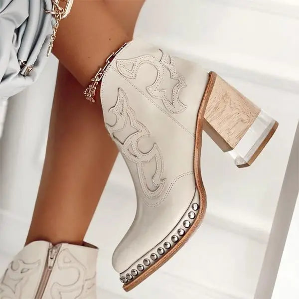 Damen-Lederstiefel mit besticktem Muster und Blockabsatz
