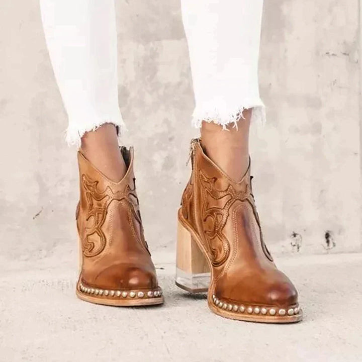 Damen-Lederstiefel mit besticktem Muster und Blockabsatz