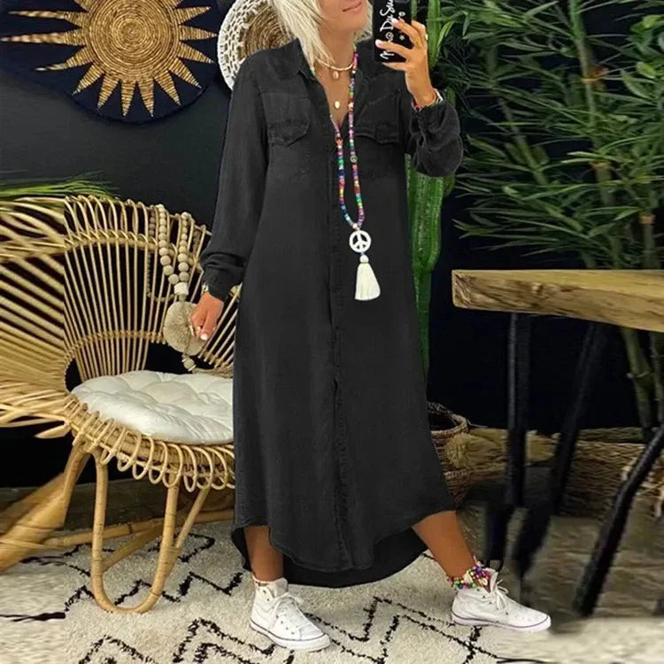 W&W Mode | Kleid Langärmeliges, locker sitzendes, knöpfbares Maxi Shirt Kleid