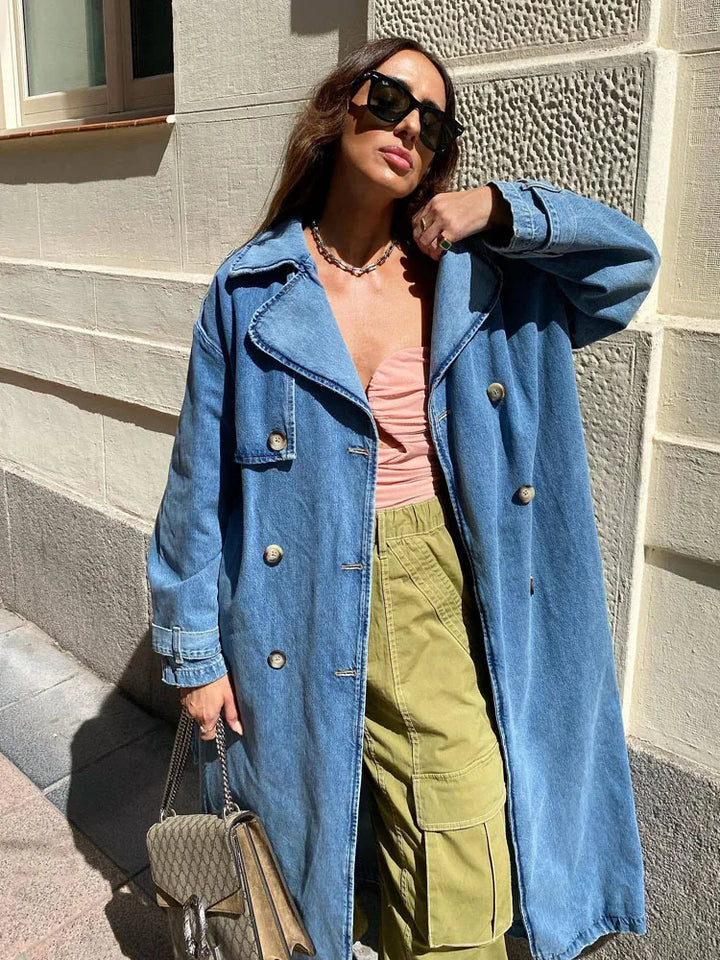 W&W Mode | Übergroße Denim Trenchcoat mit Knopf Frontdesign