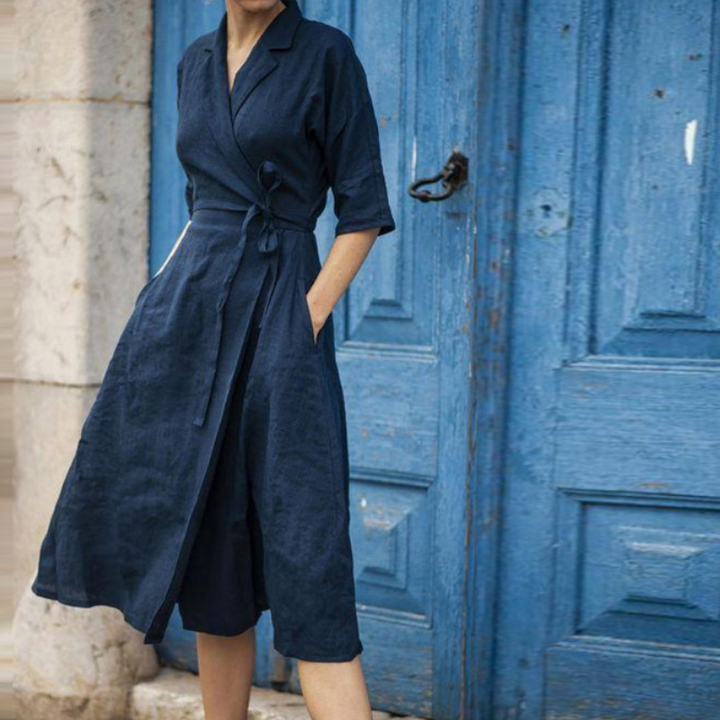 Damen-Midi-Hemdkleid mit Taillengürtel und klassischem Kragen