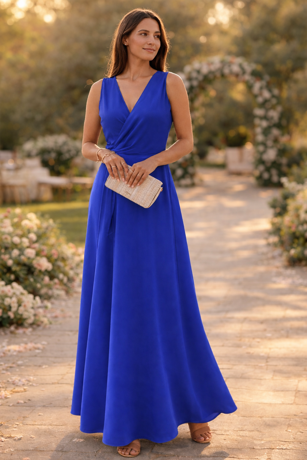 W&W Mode Maxikleid Damen lang elegant V-Ausschnitt ärmellos