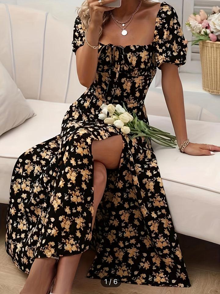 W&W Mode | Elegantes Blumenkleid Mit Schlitz Und Puffärmeln Perfekt Für Frühling & Sommer