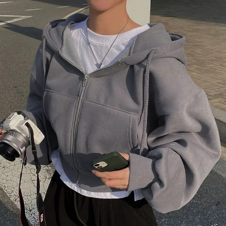 W&W Mode | Cropped Hoodie Übergroßer Kapuzenpullover mit Reißverschluss für Frauen