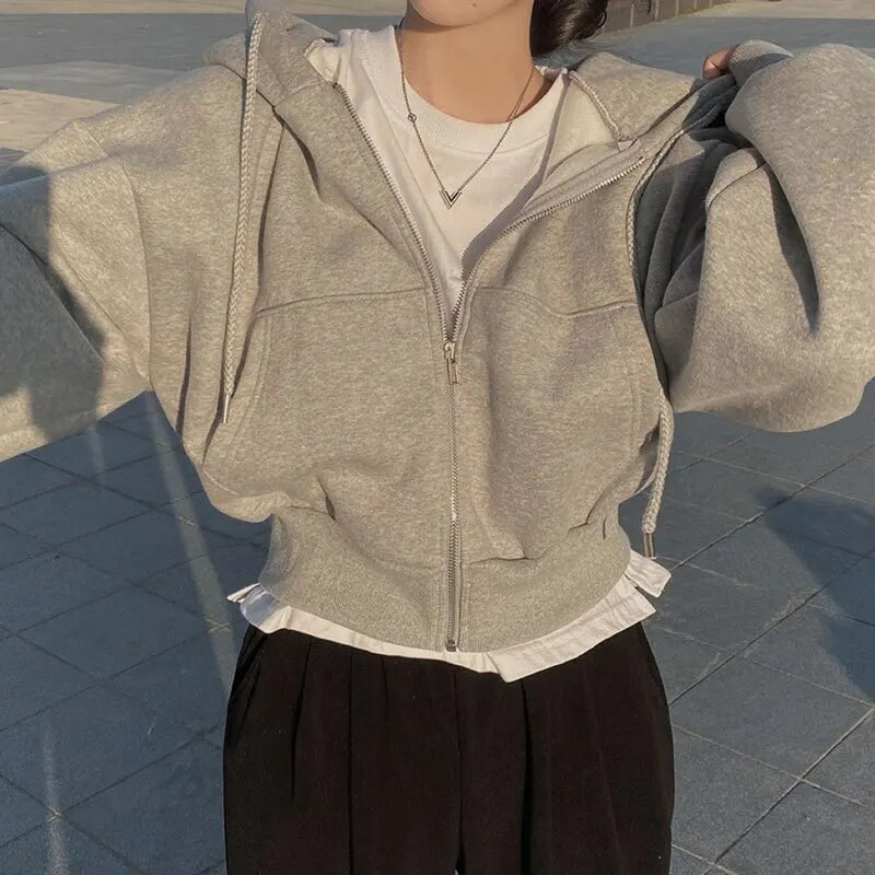 W&W Mode | Cropped Hoodie Übergroßer Kapuzenpullover mit Reißverschluss für Frauen