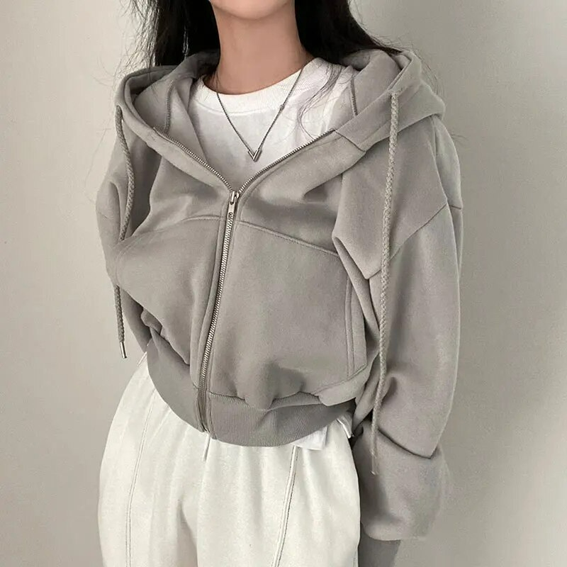 W&W Mode | Cropped Hoodie Übergroßer Kapuzenpullover mit Reißverschluss für Frauen