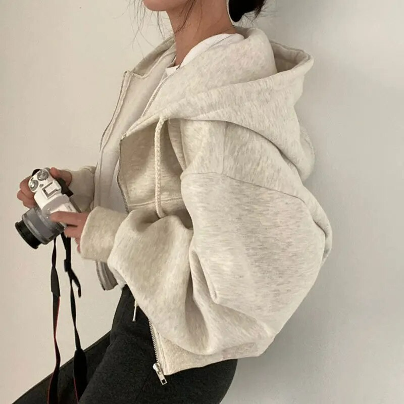 W&W Mode | Cropped Hoodie Übergroßer Kapuzenpullover mit Reißverschluss für Frauen