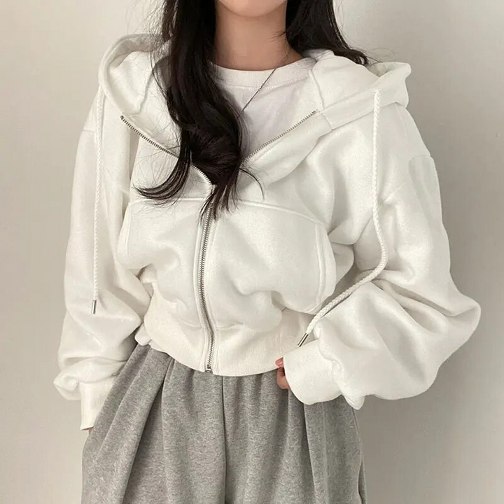 W&W Mode | Cropped Hoodie Übergroßer Kapuzenpullover mit Reißverschluss für Frauen