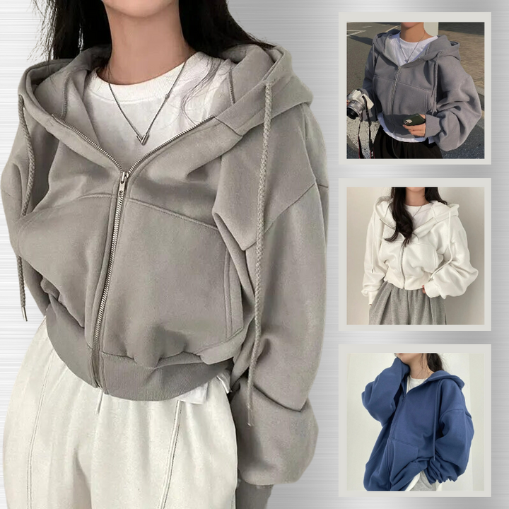 W&W Mode | Cropped Hoodie Übergroßer Kapuzenpullover mit Reißverschluss für Frauen