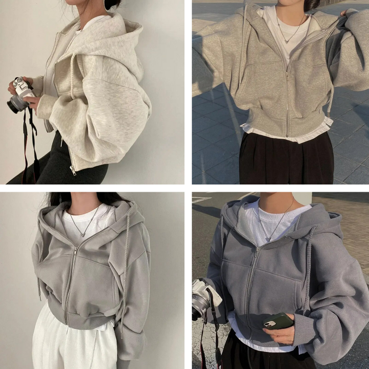 W&W Mode | Cropped Hoodie Übergroßer Kapuzenpullover mit Reißverschluss für Frauen