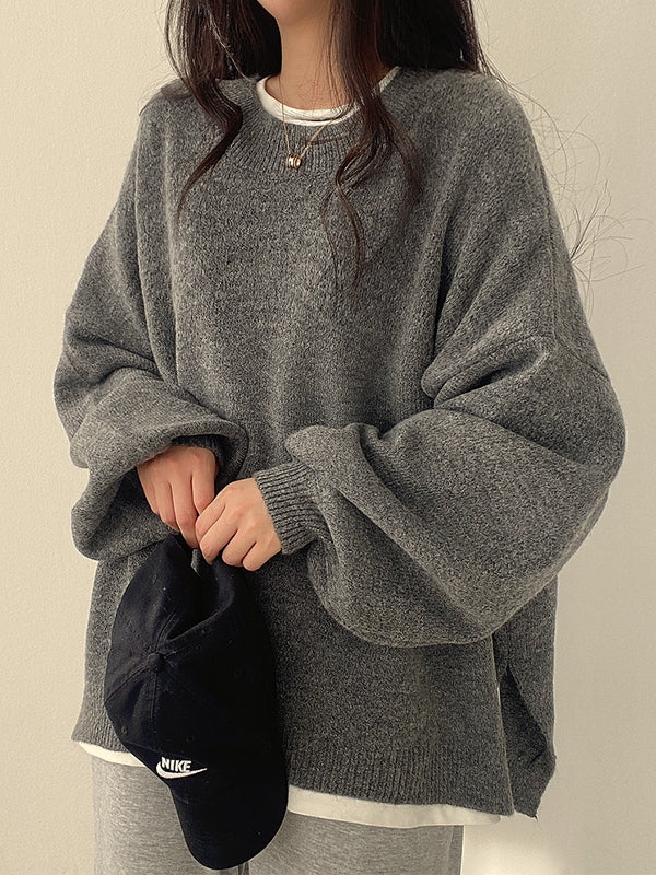 W&W Mode | einfarbiger oversized Pullover mit Schlitzausschnitt