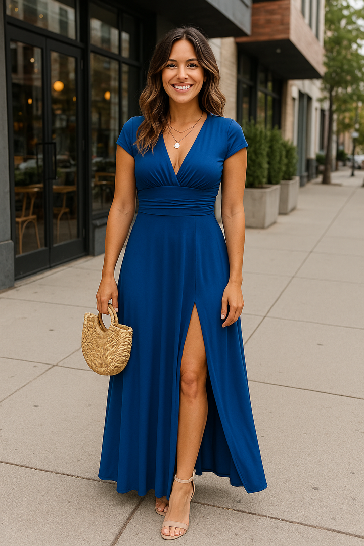 Elegantes Maxikleid mit tiefem V-Ausschnitt & hohem Schlitz – Abend- & Partykleid