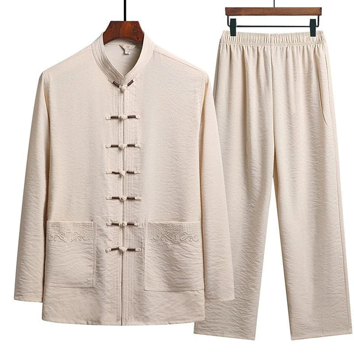 Damen Leinen-Set mit Langarm-Oberteil, Stehkragen und Froschknöpfen