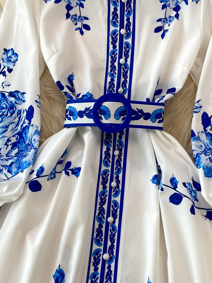 W&W Mode Blumenmuster-Kleid | Maxikleid mit langen Ärmeln und Blumendruck, mit Gürtel