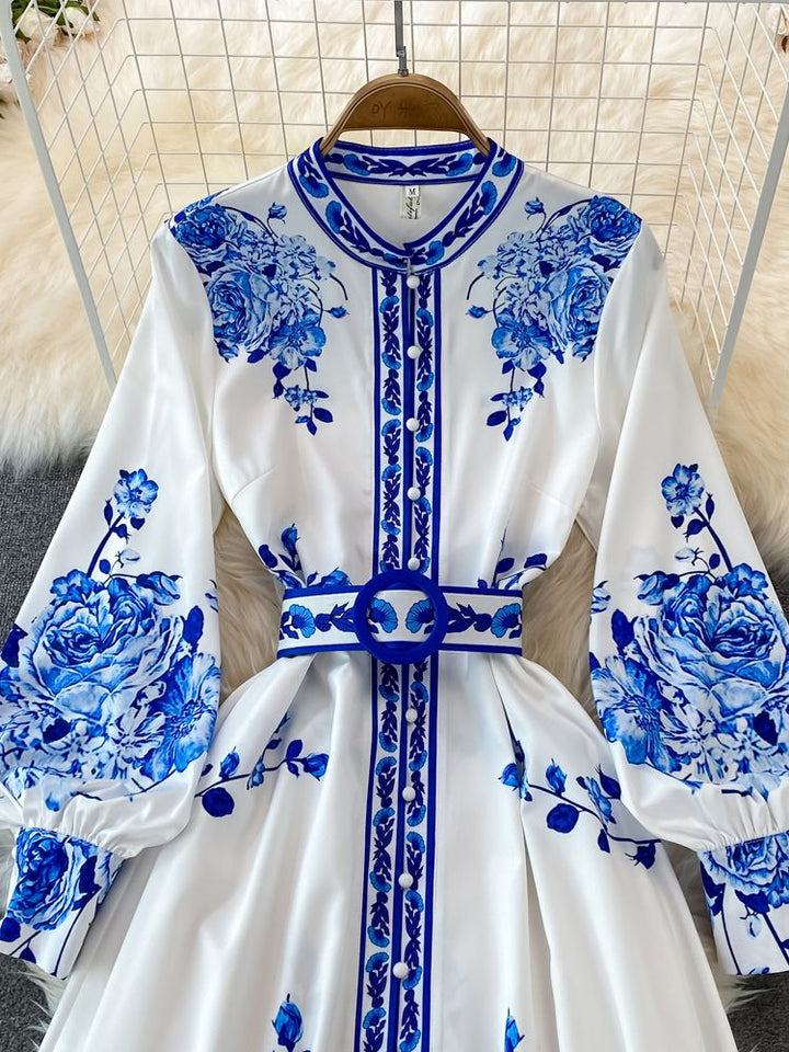 W&W Mode Blumenmuster-Kleid | Maxikleid mit langen Ärmeln und Blumendruck, mit Gürtel