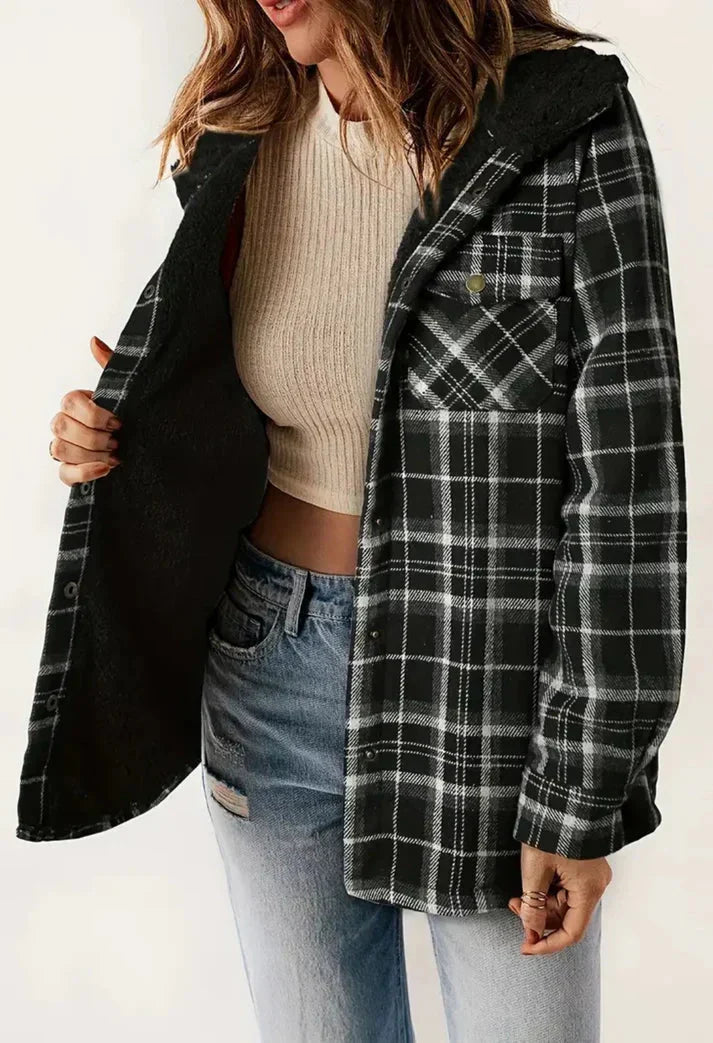 W&W Mode | kariert mit Kapuze Fleece gefütterte Jacke Damenjacke