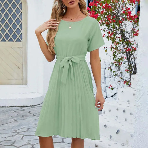 W&W Mode | Lässiges Knielanges Kleid mit Gürtel und Kurzen Ärmeln