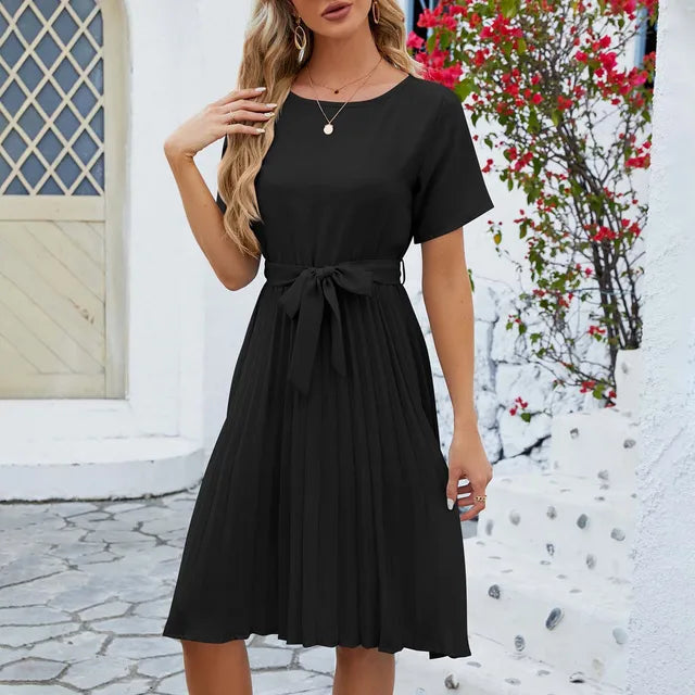 W&W Mode | Lässiges Knielanges Kleid mit Gürtel und Kurzen Ärmeln