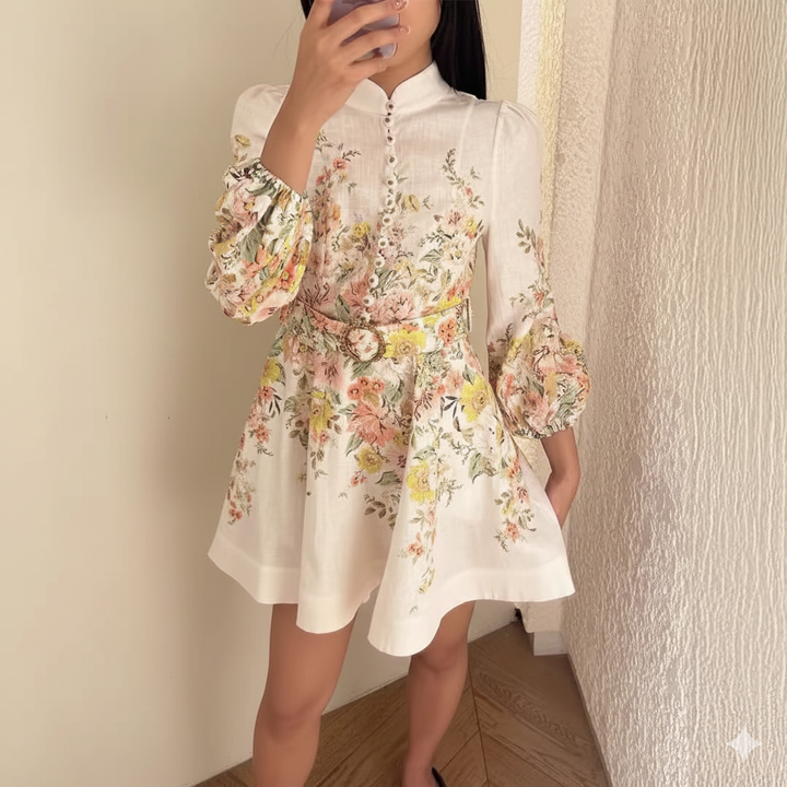Damen Kleid aus Baumwoll-Leinen-Mix mit Blumenmuster, Puffärmeln und Gürtel