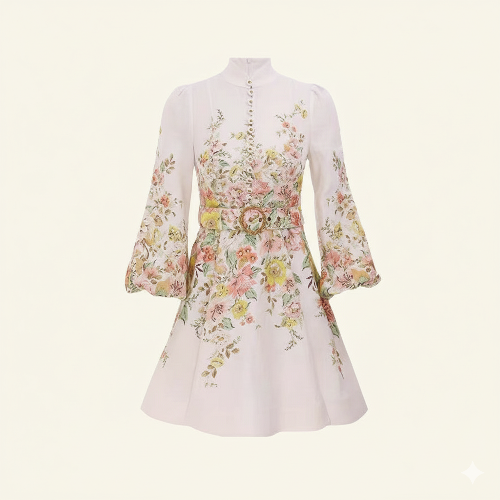 Damen Kleid aus Baumwoll-Leinen-Mix mit Blumenmuster, Puffärmeln und Gürtel