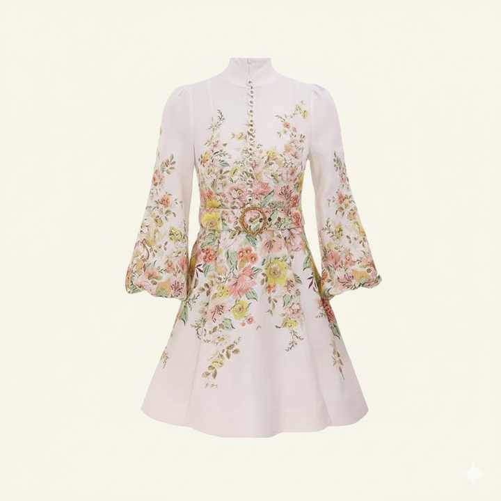 Damen Kleid aus Baumwoll-Leinen-Mix mit Blumenmuster, Puffärmeln und Gürtel