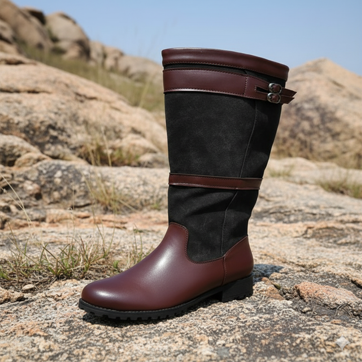 W&W Mode | Outdoor-Stiefel mit hohem Schaft und Schnallen - Leder-Regenstiefel für Damen
