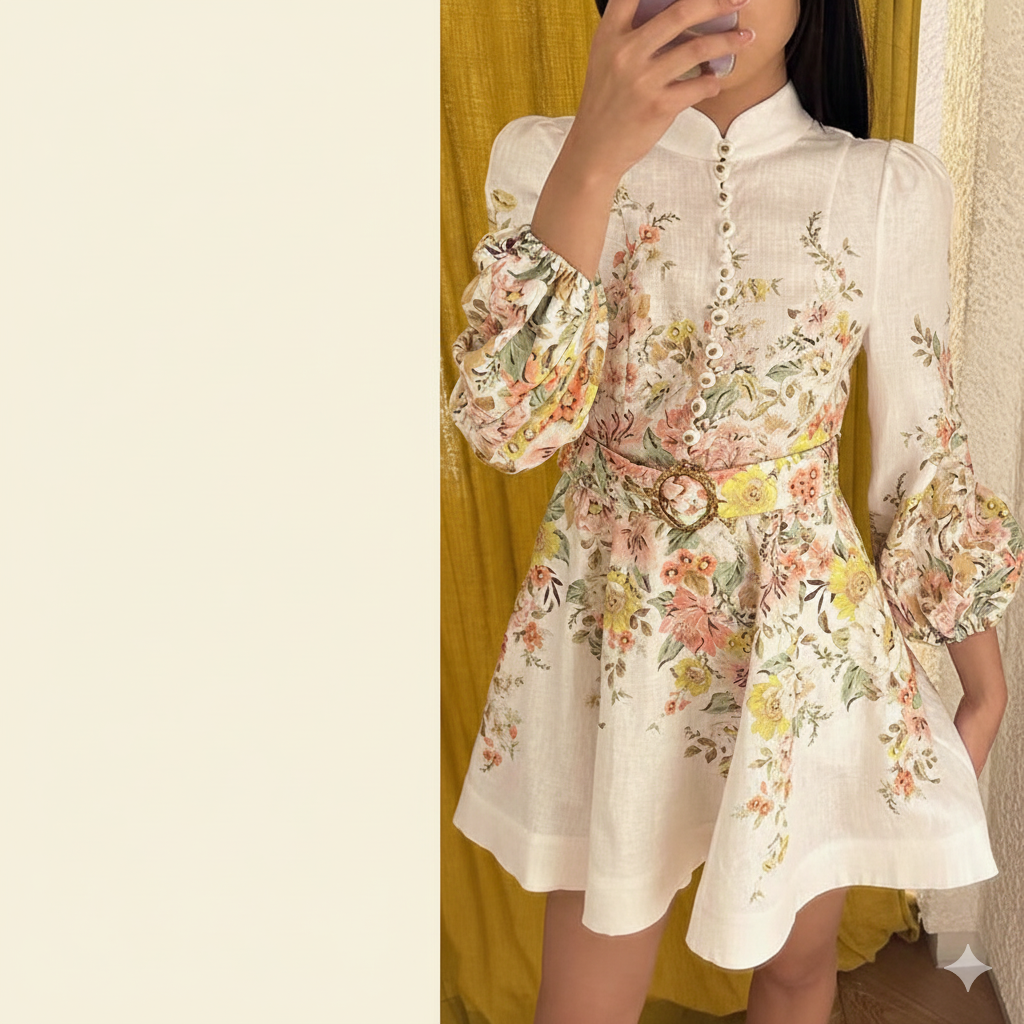Damen Kleid aus Baumwoll-Leinen-Mix mit Blumenmuster, Puffärmeln und Gürtel