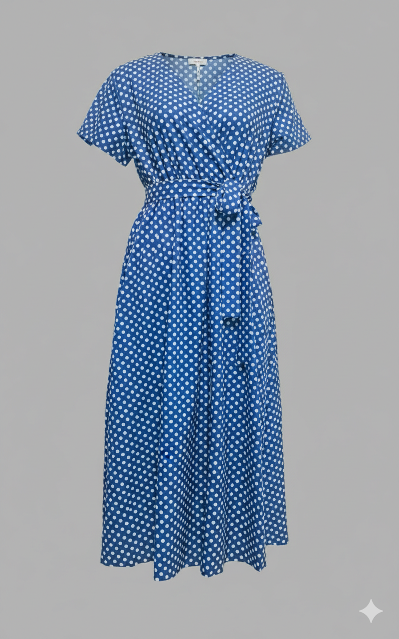 Maxikleid mit Punkten – Luftiges Kleid mit V-Ausschnitt, Bindegürtel & Schlitz