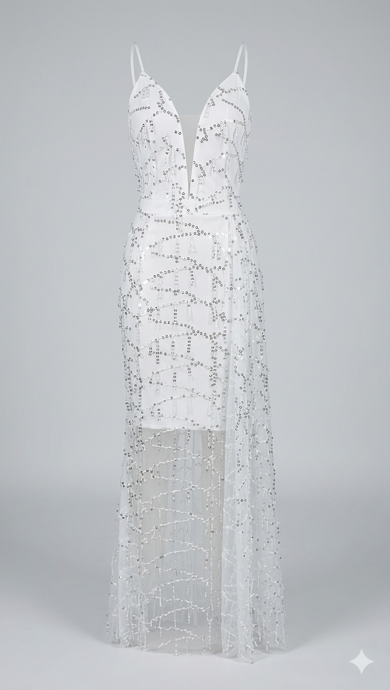 Damen Abendkleid mit kunstvoller Paillettenbesetzung und tiefem V-Ausschnitt W&W Mode