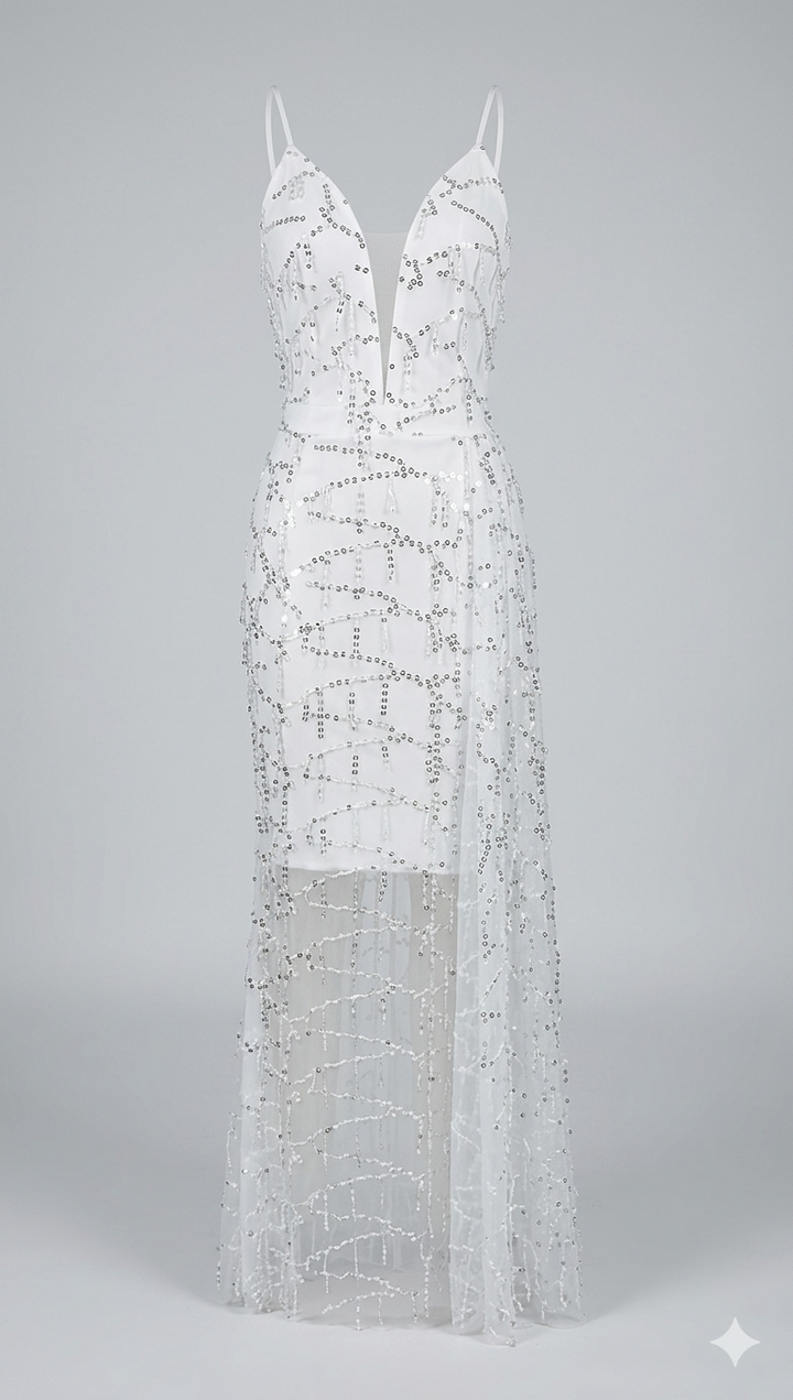 Damen Abendkleid mit kunstvoller Paillettenbesetzung und tiefem V-Ausschnitt W&W Mode