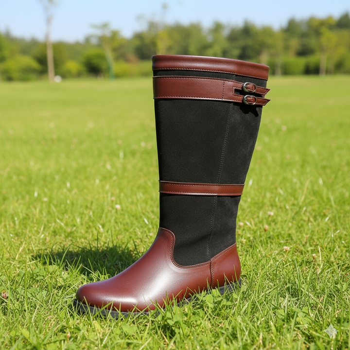 W&W Mode | Outdoor-Stiefel mit hohem Schaft und Schnallen - Leder-Regenstiefel für Damen