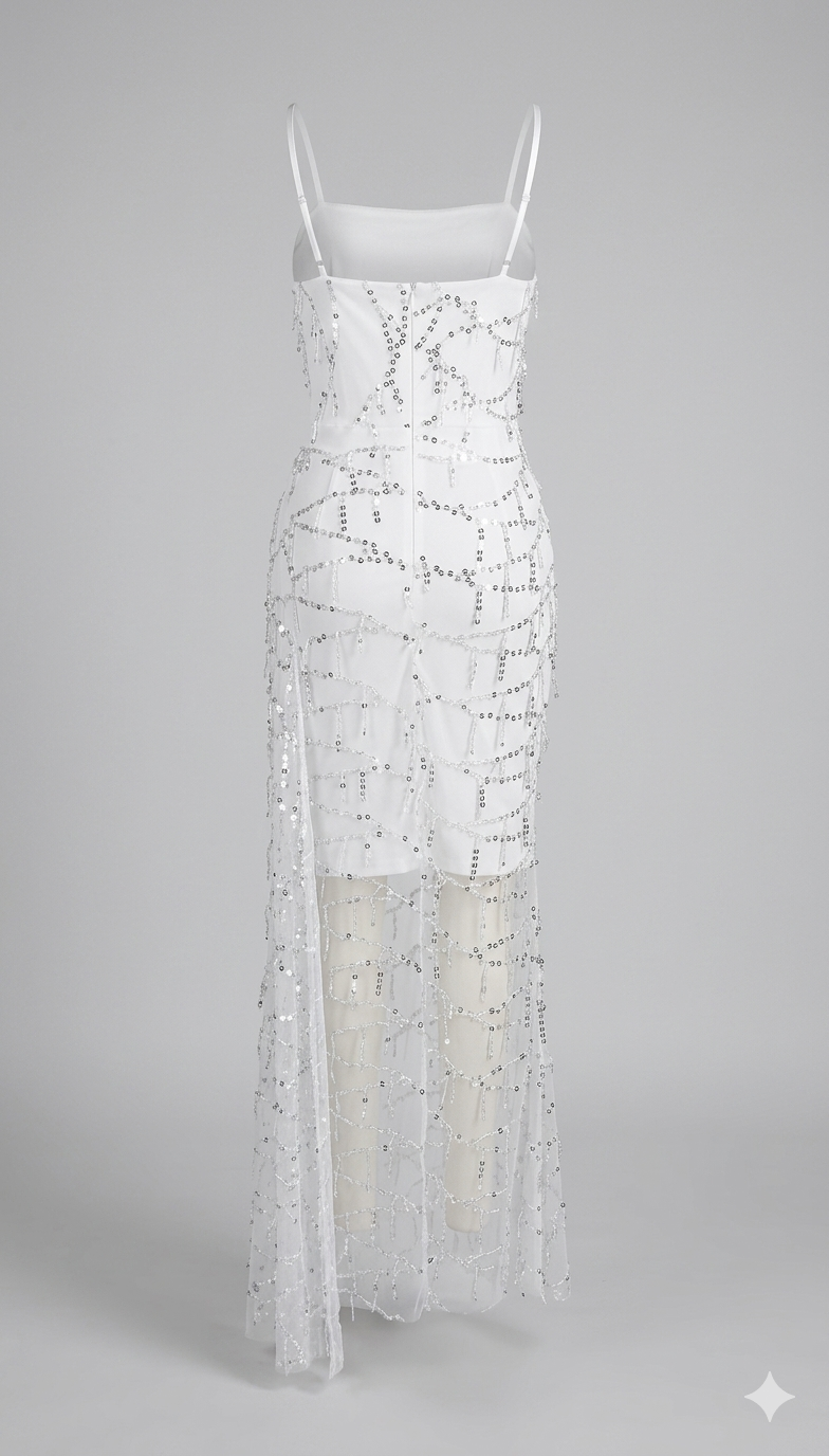 Damen Abendkleid mit kunstvoller Paillettenbesetzung und tiefem V-Ausschnitt W&W Mode