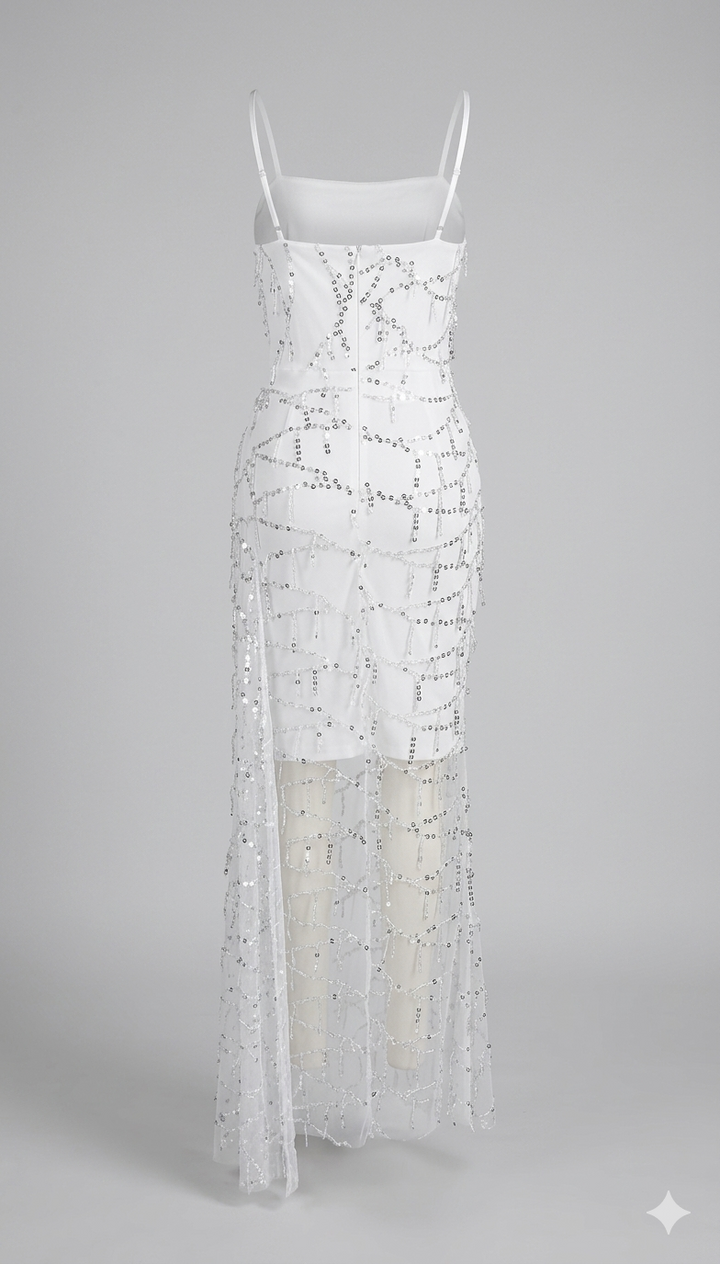 Damen Abendkleid mit kunstvoller Paillettenbesetzung und tiefem V-Ausschnitt W&W Mode