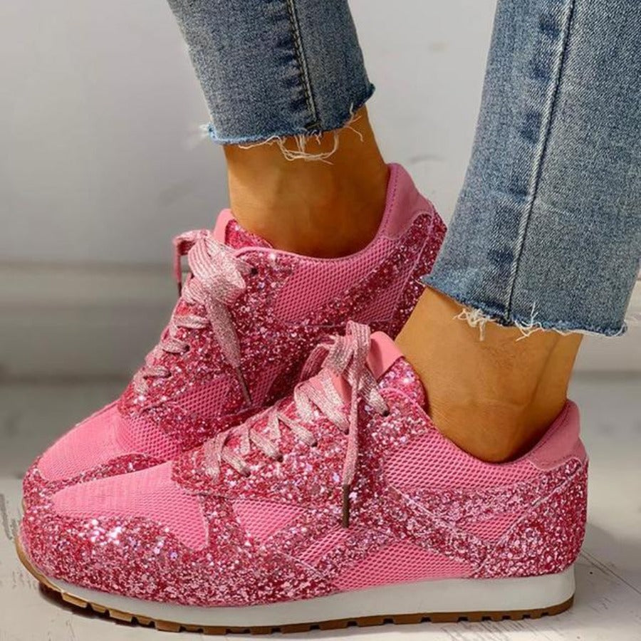 W&W Mode | Glitzer Mesh Schnürung Plattform Komfort Vulkanisierte Sneakers