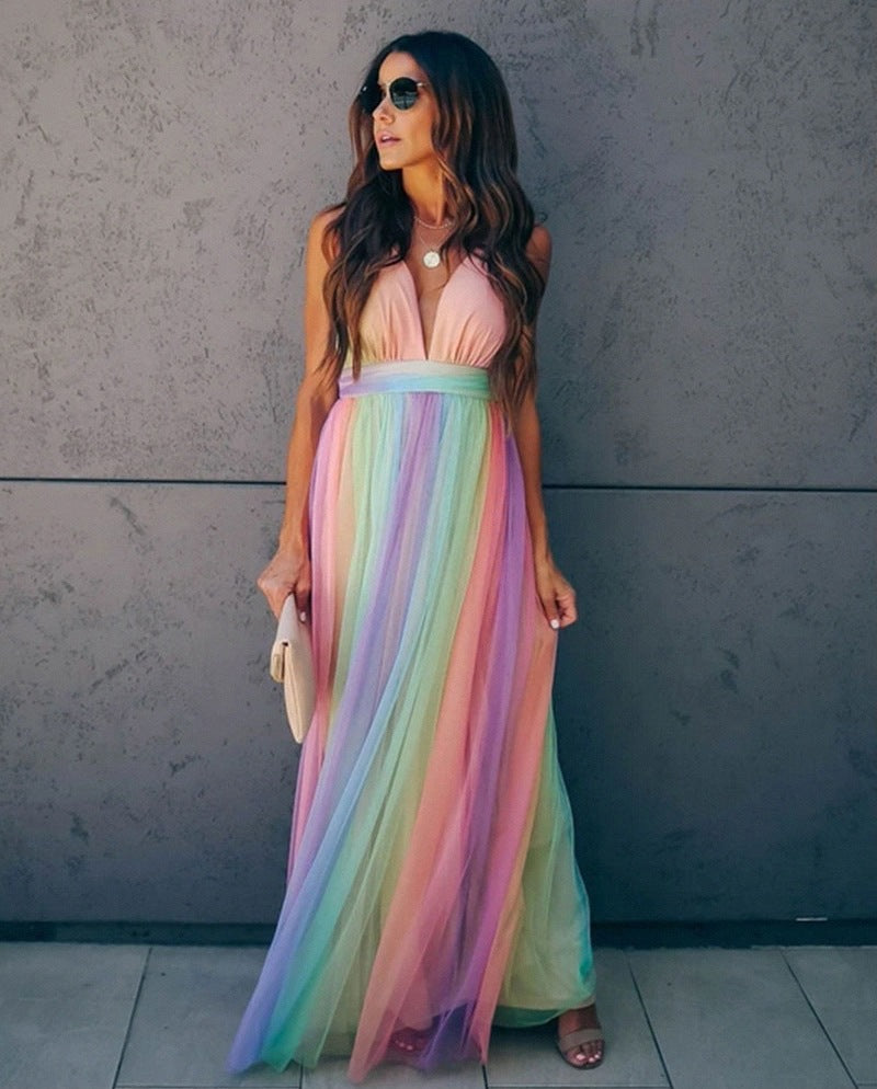 W&W Mode | Regenbogen Spaghettiträger Damenkleid