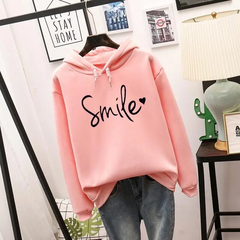 W&W Mode | Lässig Geschnittener Smile Kapuzenpulli Für Frauen