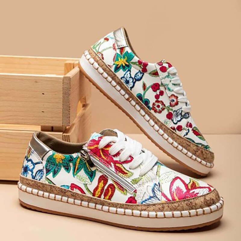 W&W Mode | Orthopädische Turnschuhe mit Blumendruck und Schnürsenkeln