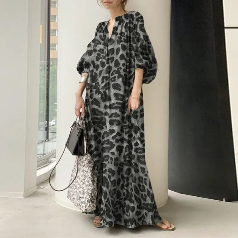 W&W Mode Leopardenkleid | Stilvolles, sommerliches, bedrucktes, oversized Maxikleid mit langen Ärmeln