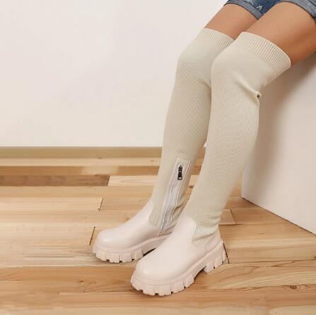 W&W Mode Damen Overknee-Stiefel | Gestrickte Damen Stiefel: Plateau-Design, lange Sockenschuhe